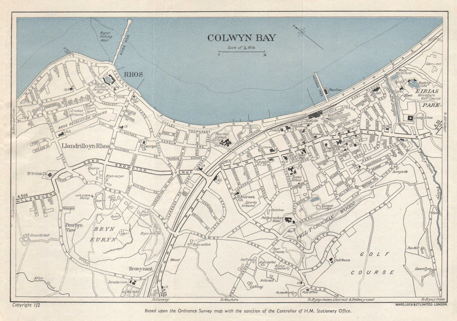 COLWYN BAY vintage tourist town city resort plan. Wales. WARD LOCK 1952 map
